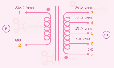 Schematic diagram of 30, 22, 15, 7 Volts 5 Amp Multi-Tap Online Isolation Transformer