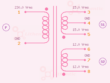 Schematic diagram of Multi-Winding 15-0-15 and 12-0-12 Volts  2.2 Amp Center Tapped Online Isolation Transformer